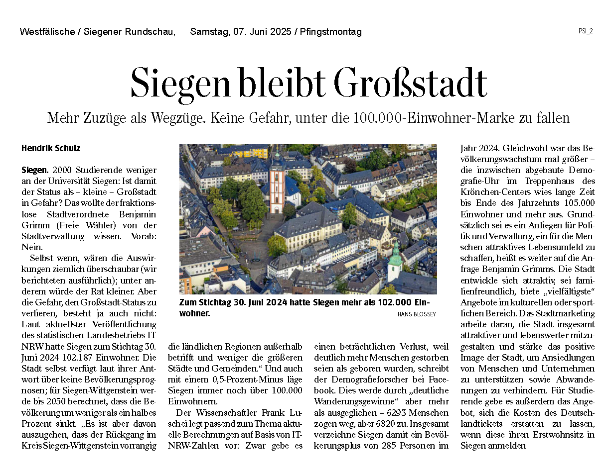 2025 06 07 WR Siegen bleibt Großstadt Luschei